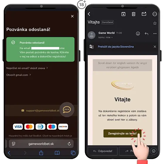 Návod, ako prijať e-mailovú pozvánku od Game World online casina na dokončenie registrácie.