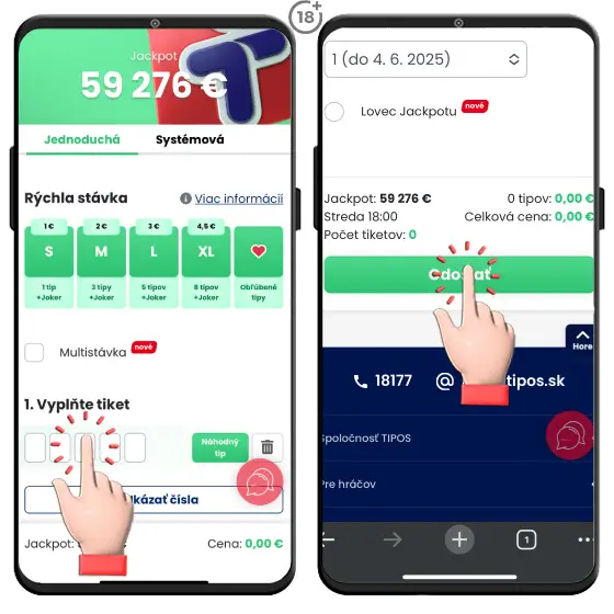 Vizuálny návod, ako na jednoduché a pohodlné podanie lotérie Loto 5 z 35 online na webstránke spoločnosti Tipos cez mobil.