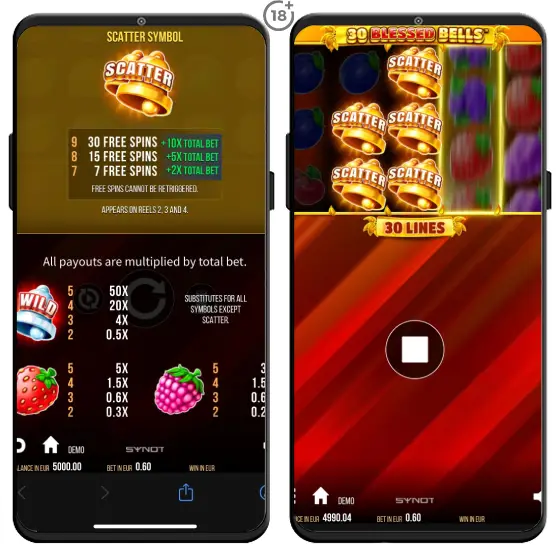 Online automat 30 Blessed Bells ponúka aj bonusovú funkciu Scatter symbol zlatého zvonu, ktorá okrem toho, že za určitých podmienok aktivuje bonusové free spiny, násobí hodnotu vašej stávky.