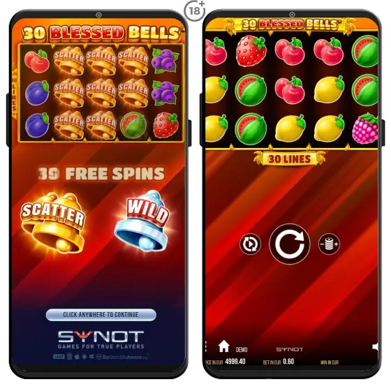 Vizuálny návod, ako si zahrať online automat 30 Blessed Bells zdarma v demo režime na webstránke výrobcu Synot Games.