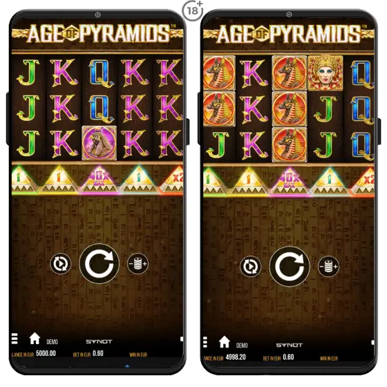 Online automat Age of Pyramids z dielne SYNOT Games prináša hráčom nezabudnuteľný egyptský zážitok na piatich valcoch a troch riadkoch, pričom nechýba ani 5 výherných línií. Hra okrem nadštandardného audiovizuálneho zážitku ponúka aj originálne symboly a bonusové funkcie vrátane voľných točení.