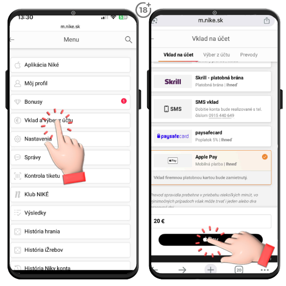 Urobte vklad na účet v Niké cez Apple Pay.