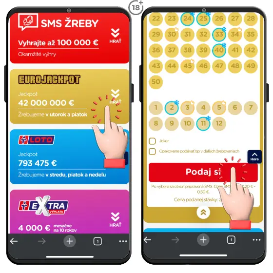 Vizuálny postup, ako na jednoduché a rýchle podanie obľúbenej lotérie Eurojackpot cez SMS na webovej stránke stávkovej kancelárie Tipos.