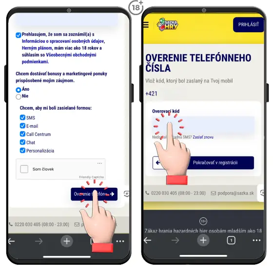 Jednoduchý obrázkový návod, ako na overenie telefónneho čísla v rámci registrácie do nového online kasína Sazka hry.