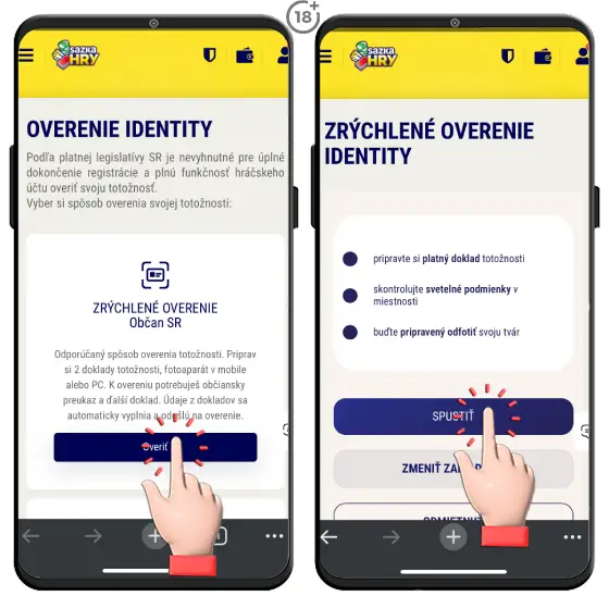 Dokončite registráciu do online kasína Sazka hry overením vašej identity. Pozrite si obrázkový návod, ako verifikujete svoju totožnosť prostredníctvom zrýchleného overenia.