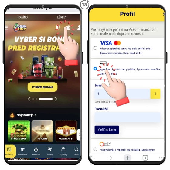 Rýchly a bezpečný vklad na účet Sazka Hry cez Apple Pay.