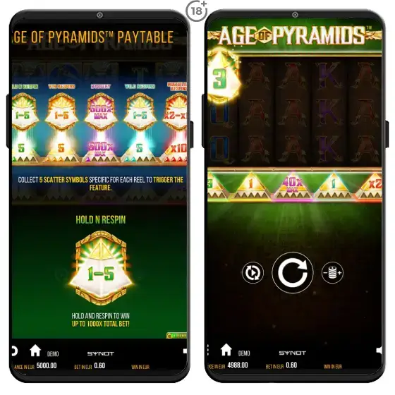 Online automat Age of Pyramids sa môže pochváliť aj originálnymi bonusovými funkciami, ktoré spúšťajú Scatter symboly. Stačí nazbierať určitý počet znakov a vychutnať si množstvo mini hier, v rámci ktorých je možné získať štedré výhry a extra free spiny.