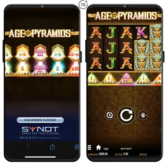 Obrázkový návod, ako hrať online automat Age of Pyramids zdarma v demo režime na webstránke výrobcu Synot Games.