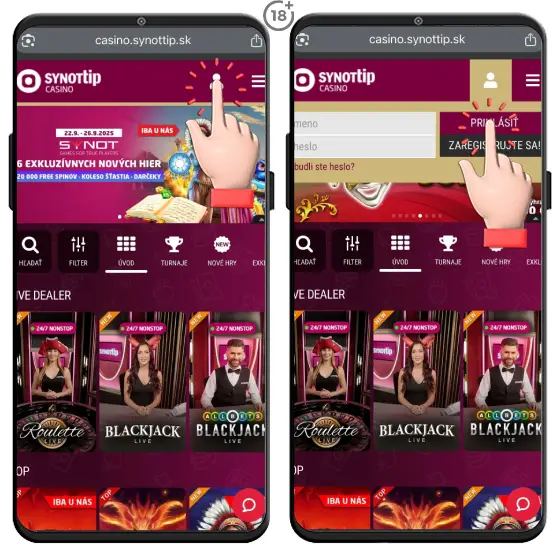 Obrázkový návod, ako sa prihlásiť do Synottip online casina cez mobil.
