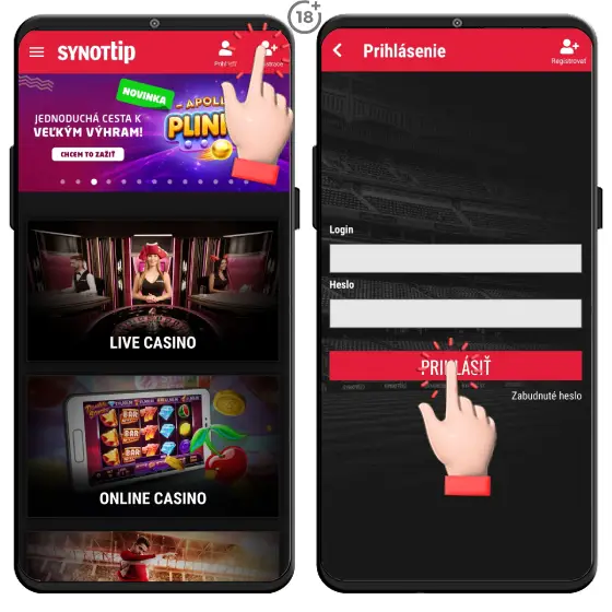 Vizuálny návod, ako na prihlásenie do Synottip online casina cez mobilnú aplikáciu pre operačné systém Android.