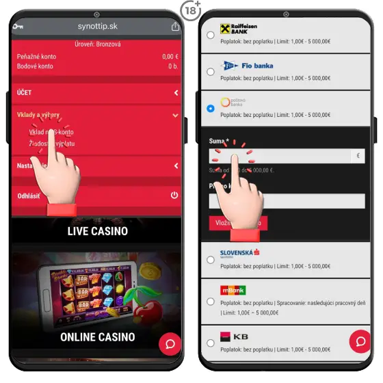 Jednoduchý obrázkový návod, ako na rýchly Synottip casino online vklad na hráčsky účet prostredníctvom internet bankingu vybraných bánk.