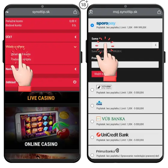 Jednoduchý vizuálny návod, ako uskutočniť rýchly Synottip casino online vklad na hráčsky účet prostredníctvom rôznych bankových inštitúcií.