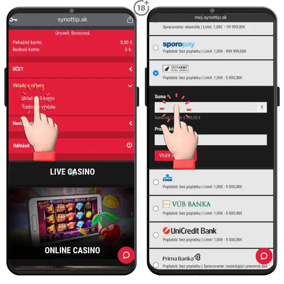Vizuálny postup, ako na Synottip vklad cez mobil online prostredníctvom mobilnej aplikácie pre zariadenia s operačným systémom Android, alebo využitím optimalizovanej webstránky online kasína v internetovom prehliadači pre užívateľov so systémom iOS.