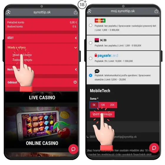 Obrázkový návod, ako uskutočniť Synottip casino vklad na hráčsky účet cez mobilnú SMS správu.