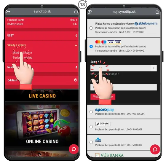 Obrázkový návod, ako na Synottip casino vklad využitím platobnej karty online.