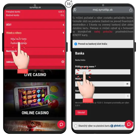 Vizuálny návod, ako na Synottip casino výber prevodom na bankový účet hráča.