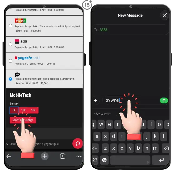 Jednoduchý vizuálny postup, ako zvoliť požadovanú sumu a uskutočniť Synottip SMS platbu mobilom.