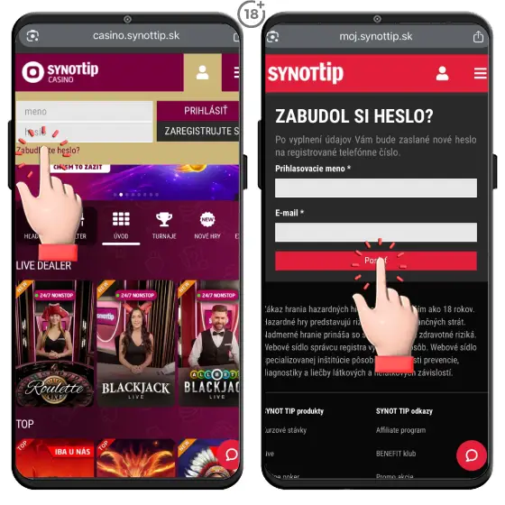 Jednoduchý obrázkový návod, ako riešiť zabudnuté heslo pri prihlasovaní do Synottip online casina v mobile.