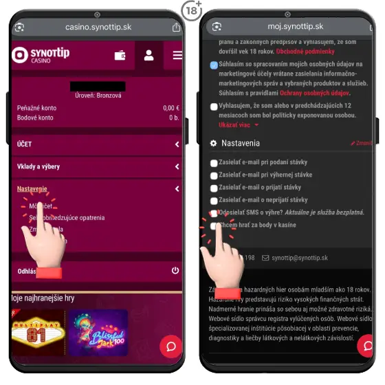 Jednoduchý obrázkový postup, ako môžete využiť benefity body v online kasíne v rámci Synottip vernostného programu.