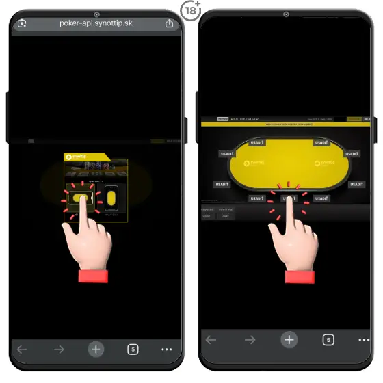 Vizuálny návod, ako hrať online poker v Synottip casine. Stačí si vybrať stôl, pohodlne sa usadiť a užiť si zábavu s populárnou kartovou hrou.