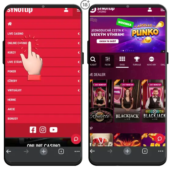 Obrázkový návod, ako nájsť Synottip online kasíno na webstránke prevádzkovateľa.