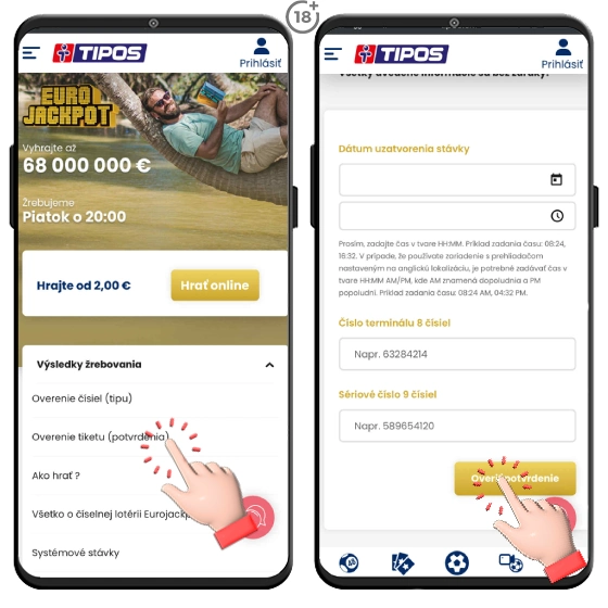 Overenie tiketu na lotérií Eurojackpot z pohodlia domova cez internet.