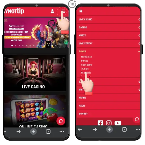 Obrázkový návod, ako si zahrať online poker zadarmo v Synottip casine.