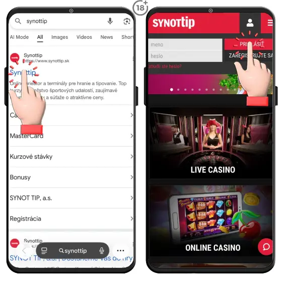 Obrázkový návod, ako si zahrať mobilné online casino cez webstránku Synottipu.