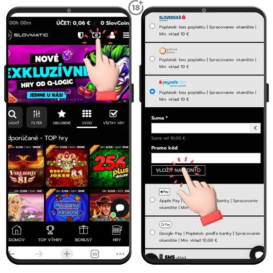Slovmatic kasíno ponúka anonymný vklad cez Paysafecard.