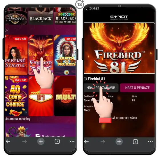 Obrázkový návod, ako hrať automaty zadarmo v online casine Synottip.