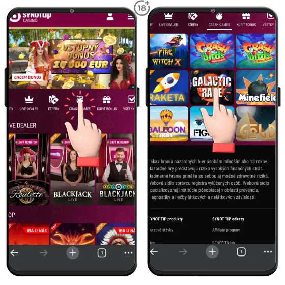 Obrázkový návod, ako hrať Crash Games v Synottip online casine.