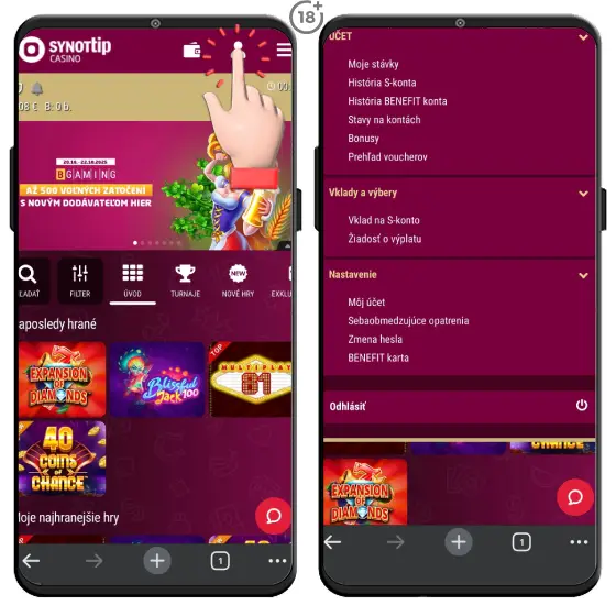 Obrázkový návod na možnosti, ktoré ponúka aplikácia Synottip online casina.