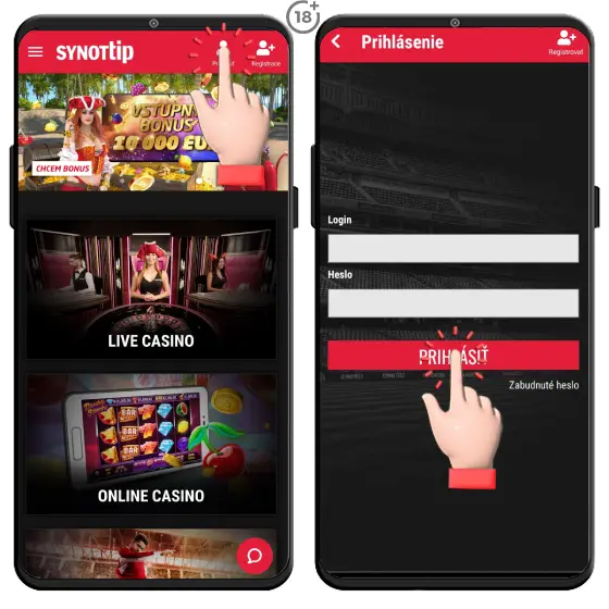 Obrázkový návod, ako sa prihlásiť do online casina Synottip cez mobilnú aplikáciu určenú pre zariadenia s operačným systémom Android.