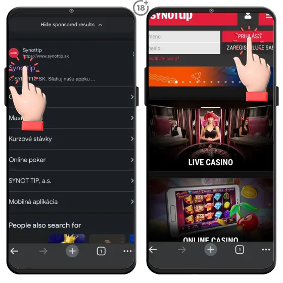Obrázkový návod, ako sa prihlásiť do Synottip online casina cez mobilnú aplikáciu pre zariadenia s operačným systémom iOS.