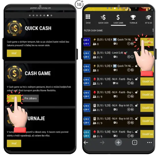 Obrázkový návod, ako spustiť formát cash game v rámci online pokeru v Synottip casine.