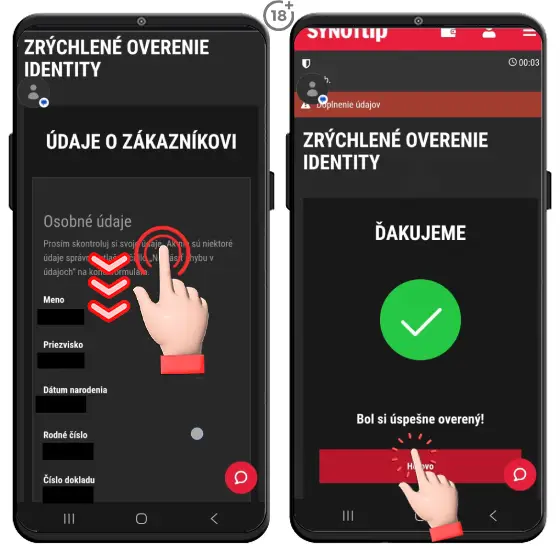 Jednoduchý obrázkový postup, ako potvrdiť údaje o zákazníkovi v rámci registrácie do online kasína Synottip.