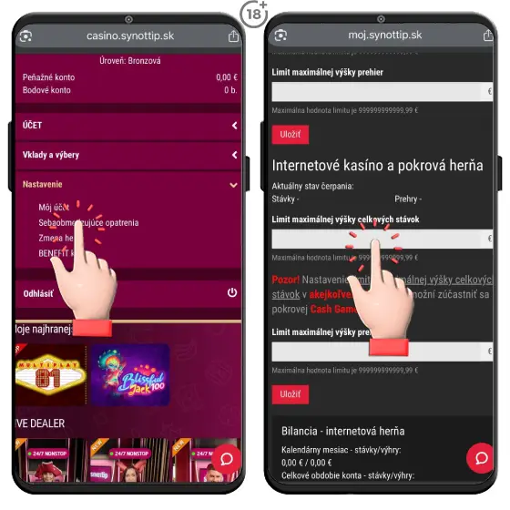 Jednoduchý obrázkový návod, ako si nastaviť maximálne herné limity za kalendárny mesiac v Synottip online casine.