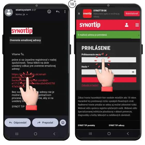 Jednoduchý obrázkový návod, ako na overenie e-mailovej adresy v poslednom kroku registrácie do Synottip online casina.