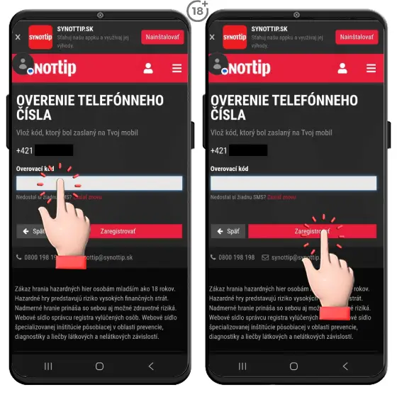 Vizuálny postup, ako si overiť telefónne číslo v rámci registrácie do Synottip online casina.