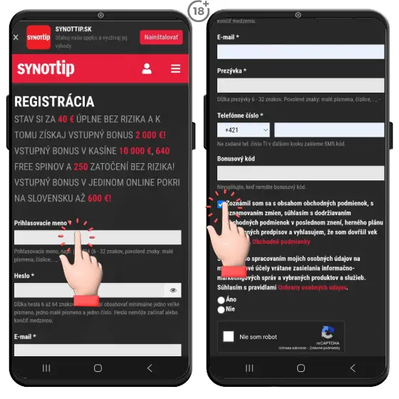 Obrázkový návod, ako vyplniť online formulár v prvom kroku registrácie do Synottip online casina.