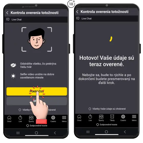 Jednoduchý vizuálny návod, ako na overenie totožnosti nahraním selfie videa pri registrácii do Fortuny.