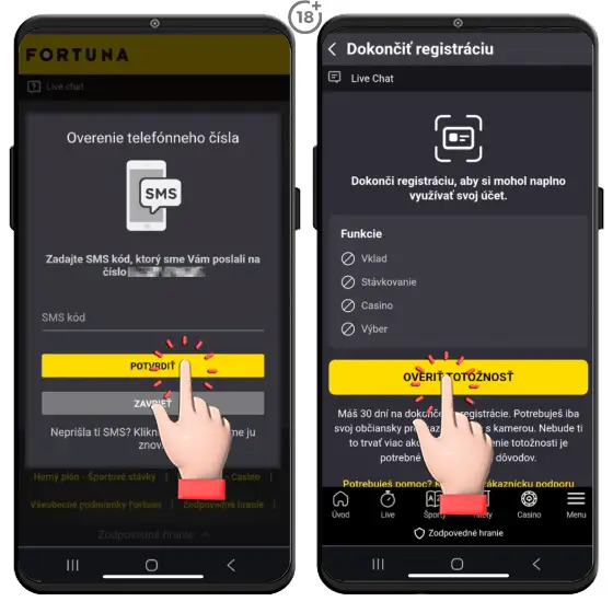 Obrázkový návod, ako si overíte vaše telefónne číslo v rámci registrácie do Fortuna online casina.