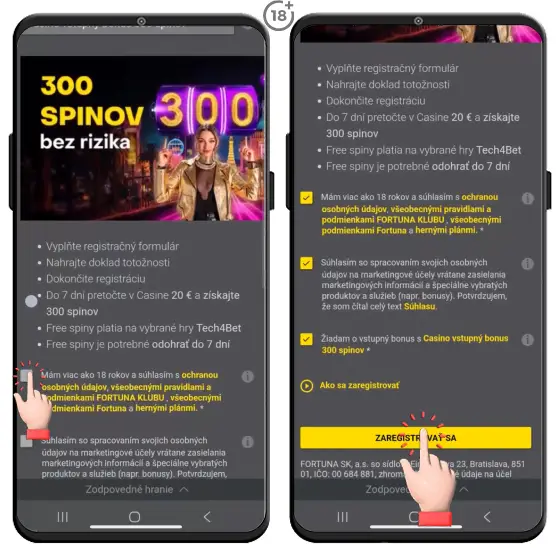 Obrázkový postup, ako a kde zaškrtnúť súhlasy so spracovaním osobných údajov a všeobecnými pravidlami a podmienkami v registračnom formulári Fortuna online kasína.