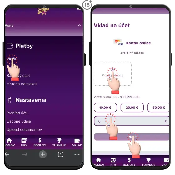 Obrázkový návod, ako vložiť peniaze na hráčsky účet prostredníctvom platobnej karty v Rebuy Stars online kasíne.