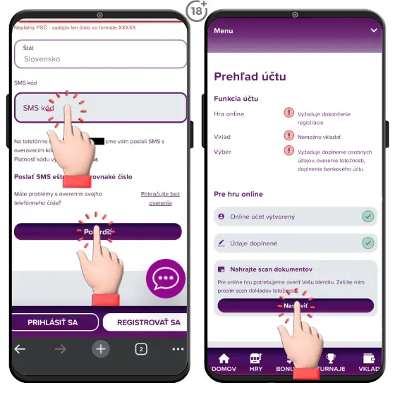 Obrázkový návod, ako na overenie telefónneho čísla hráča v rámci registrácie do Rebuy Stars online casina.
