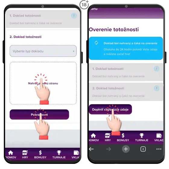Obrázkový návod, ako nahráte druhý doklad totožnosti, teda vodičský preukaz alebo cestovný pas, v rámci registrácie do online casina Rebuy Stars.