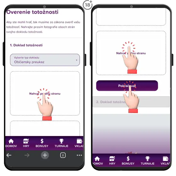 Vizuálny postup, ako nahrať občiansky preukaz ako prvý doklad totožnosti v rámci registrácie do Rebuy Stars online kasína.