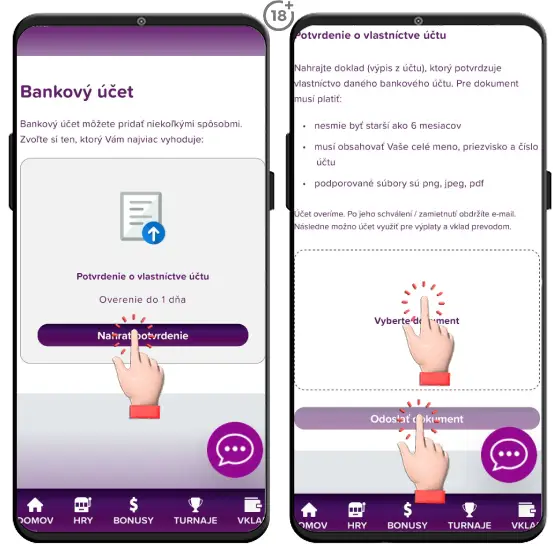 Vizuálny návod, ako si môže hráč overiť bankový účet po registrácii do online kasína Rebuy Stars.