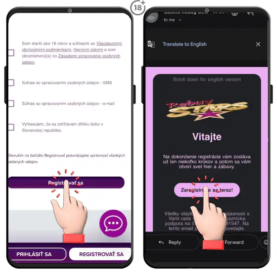 Obrázkový návod, ako overiť e-mailovú adresu v ďalšom kroku registrácie do online kasína Rebuy Stars.