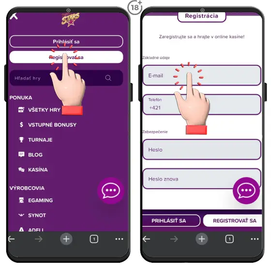 Obrázkový návod, ako vyplniť formulár so základnými údajmi v rámci prvého kroku registrácie do Rebuy Stars online casina.